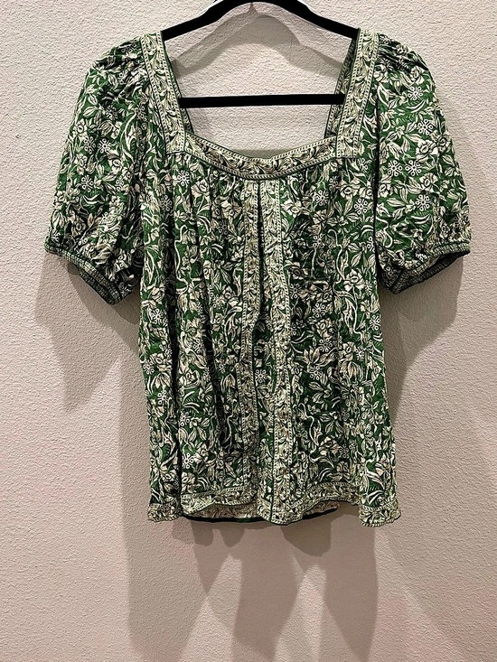 Max Studio Tops - Max Studio Floral Square Neck Puff Sleeve Top Green & White Medium